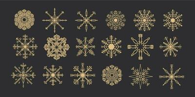 Set Golden snowflake crystal elegant line christmas decoration on dark background, collection winter ornament frozen element. Vector illustration