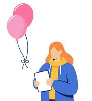 Red-haired woman with tablet and balloons, vector illustration.