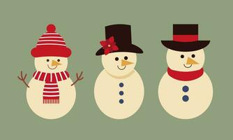 Set of christmas cute snowmans in scarf and hat flat style. Cute characters snowmans collection for holiday xmas and new year. vector