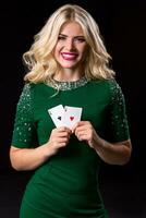 blonde woman in posing with cards photo