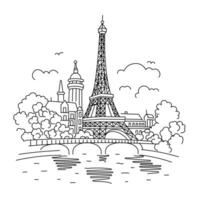 The Eiffel Tower in Paris against the backdrop of houses. Landmark of Paris. Illustration in linear style on white background vector