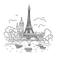 The Eiffel Tower in Paris against the backdrop of houses. Landmark of Paris. Illustration in linear style on white background vector