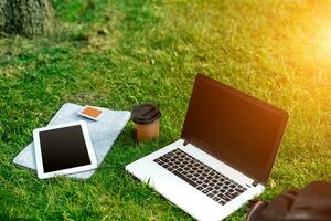 Laptop computer on green grass with coffee cup, bag and tablet in outdoor park photo