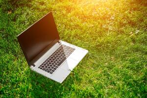 Laptop with blank screen on green lawn photo