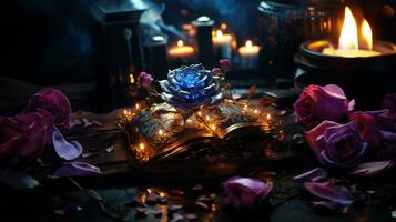 AI generated Magic, mysterious story concept with glowing open book and  blue flower. photo