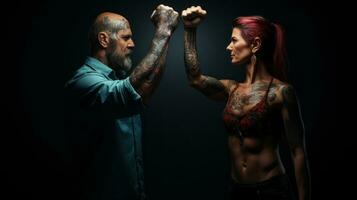 AI generated Brutal tattooed couple salute with fists. Salutating each other with bumping fist. photo