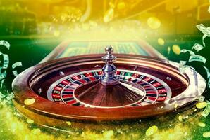 Collage of casino images with a close-up vibrant image of multicolored casino roulette table with poker chips photo