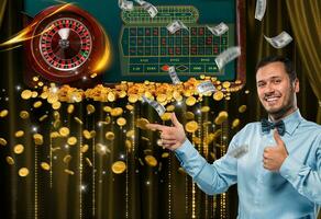 Collage of casino images with roulette table and smiling man showing thumbs up photo