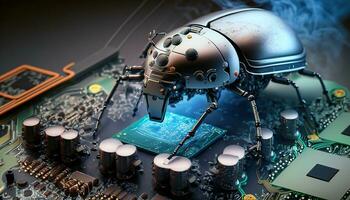 AI generated Beetle attacks and destroys electronics. Concept of computer virus and malicious software code. photo