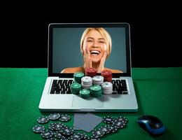 Casino chips and cards on keyboard notebook at green table. photo