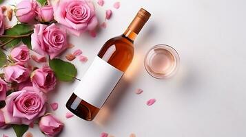 AI generated Dry rose wine bottle with wineglass top view ai generated mockup photo
