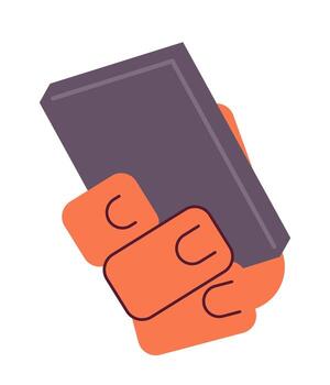 Teléfono móvil utilizando dibujos animados personaje mano ilustración. teléfono inteligente participación 2d vector imagen aislado en blanco antecedentes. mensajes de texto surf en línea. dispositivo llamada móvil teléfono editable plano clipart color