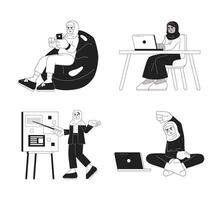 Muslim women daily lives black and white cartoon flat illustration set. Working relaxing hijab linear 2D characters isolated. Beanbag phone, fitness home monochromatic scenes vector image collection