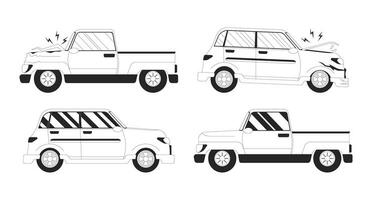 Auto repair shop black and white 2D line cartoon objects set. Accident automobile isolated vector outline items collection. Retro cars. Newly refurbished vehicle monochromatic flat spot illustrations