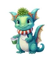 AI generated Vector cute Christmas dragon. Symbol of the New Year. Dinosaur illustration in watercolor style isolated on white background.