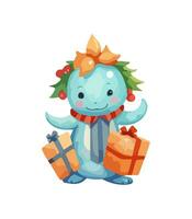 AI generated Vector cute Christmas dragon. Symbol of the New Year. Dinosaur illustration in watercolor style isolated on white background.