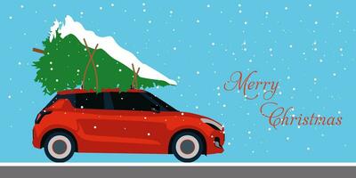 Merry Christmas and Happy New Year postcard or poster or flyer template with car carrying Christmas tree. photo