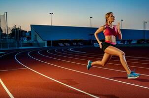 Runner sprinting towards success on run path running athletic track. Goal achievement concept. photo