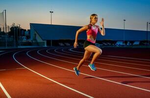 Runner sprinting towards success on run path running athletic track. Goal achievement concept. photo