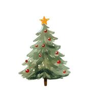 AI generated Vector illustration of decorated Christmas tree in snow on white background. Green fluffy xmas pine, isolated on white background. Cute Christmas tree in cartoon watercolor style.