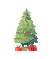 AI generated Vector illustration of decorated Christmas tree in snow on white background. Green fluffy xmas pine, isolated on white background. Cute Christmas tree in cartoon watercolor style.