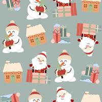 Christmas seamless pattern of snowmen, Santa Claus and Christmas gifts vector