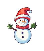 AI generated Snowman with a scarf, gloves and hat isolated in a white background in cartoon watercolor style. vector