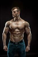 Muscular bodybuilder guy doing posing over black background photo