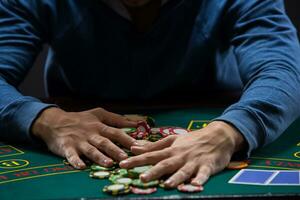 Poker player taking poker chips after winning photo