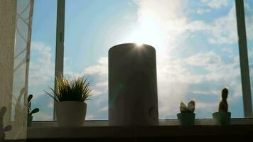 un trabajando humidificador soportes en el ventana mientras luz de sol brilla en él. video