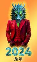 AI generated 2024. Chinese New Year of the Dragon. Blue dragon in red costume. Lettering 2024. photo