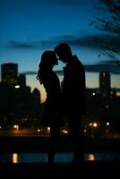 AI generated Young Pair Silhouetted in a Romantic Embrace Against Urban Skyline Background photo