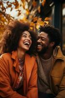 AI generated Joyful African American Couple in Their 30s Sharing Laughs While Chatting Outdoors photo