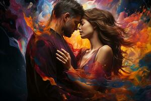 AI generated Man and Woman Hugging in a Surreal Colorful Liquid Fantasy Landscape photo