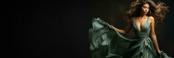 AI generated Ballerina Dressed in a Green Silk Dress Dances with the Wind Against a Gray Background photo