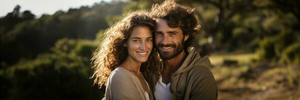 ai generado alegre Pareja abrazando y sonriendo en el luz de sol foto