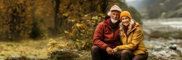 AI generated Elderly couple relishing active retirement and togetherness in the outdoors photo