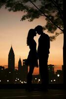 AI generated Youthful Couple Silhouetted in a Romantic Embrace Against an Urban Skyline photo