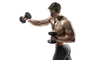 Athletic man showing muscular body and doing exercises with dumbbells photo