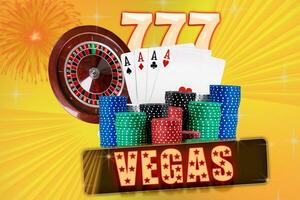 Four aces behind stacks of chips, colorful sparkling background. Three sevens and roulette behind. Collage with inscription vegas. Casino. Close-up photo