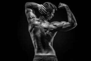 Healthy muscular young man showing back and biceps muscles photo