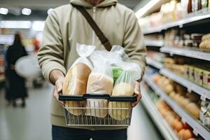 AI generated Man holding shopping basket with bread and milk groceries in supermarket. AI Generated photo