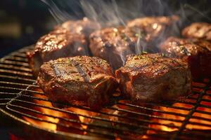 AI generated Meat grilling on a charcoal grill with smoke rising. AI Generated photo