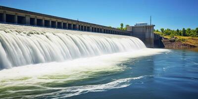 ai generado hidroeléctrico represa generando verde energía desde fluido agua. ai generado. foto