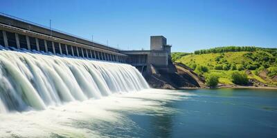 ai generado hidroeléctrico represa generando verde energía desde fluido agua. ai generado. foto