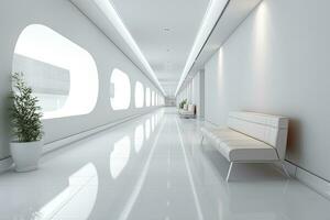 AI generated Interior design of a modern luxurious white building corridor or hallway with waiting seat. AI Generated photo