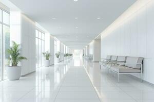 AI generated Interior design of a modern luxurious white building corridor or hallway with waiting seat. AI Generated photo