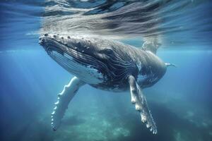 ai generado joven jorobado ballena en azul agua. ai generado foto