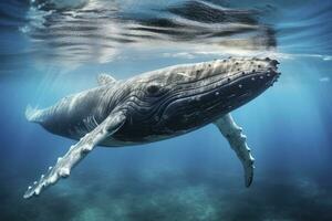 ai generado joven jorobado ballena en azul agua. ai generado foto