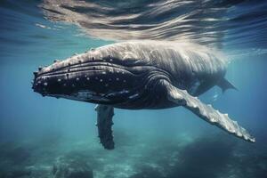 ai generado joven jorobado ballena en azul agua. ai generado foto